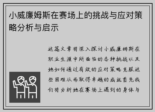 小威廉姆斯在赛场上的挑战与应对策略分析与启示