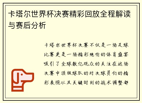 卡塔尔世界杯决赛精彩回放全程解读与赛后分析